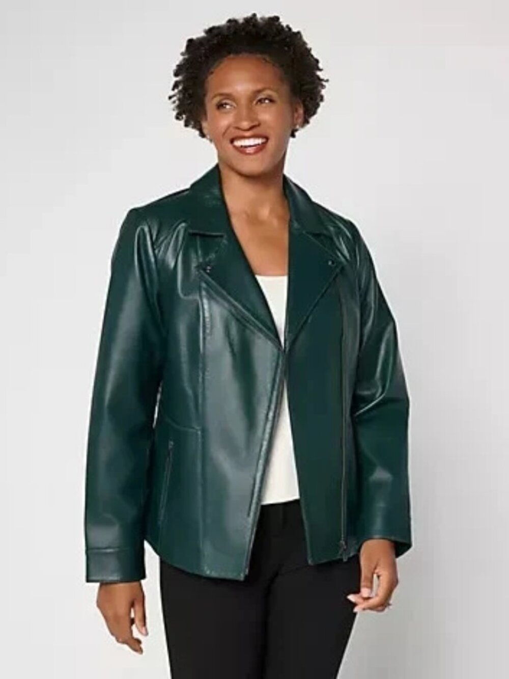 Denim & Co. Lamb Leather Moto Jacket with Pockets-Drk Green-Small A738357 NEW